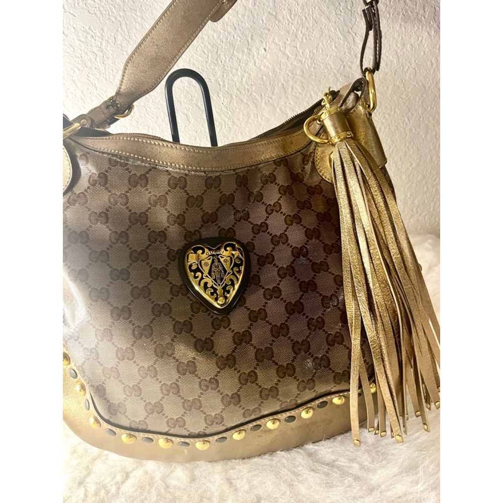 Gucci GG Signature and Studded Metallic Leather Babouska Hobo Bag. - Picture 6 of 14